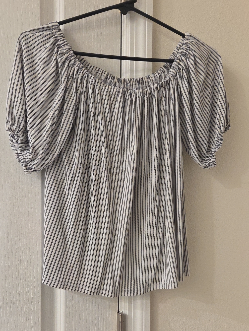 LOFT White and Black Striped Off-Shoulder Puff Sleeve Top